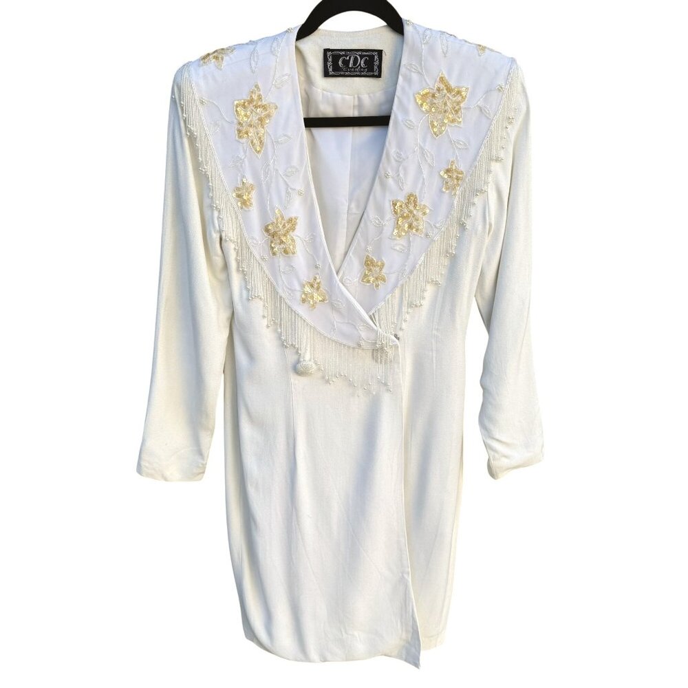 CDC Evening Vintage White Dress Floral Beaded‎ Fringe Long Sleeve Elegant RetroM